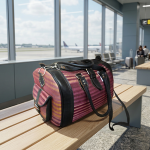 Striped Textile Luxury Duffel Bag with Black Leather Trim Zipper Closure Large Capacity Travel Weekender - Product Image 2