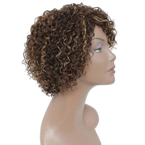Peluca de cabello humano corto para mujer, peluca rizada marrón degradado con flequillo, color brasileño, sin pegamento, sin encaje frontal - Product Image 6