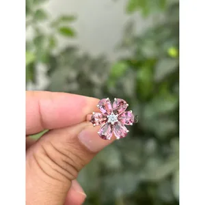 <b>925</b> <b>Silver</b> Pink Tourmaline Floral <b>Ring</b> Trendy Inlay <b>with</b> Rose Gold Rhodium Plating Licensed Private Brands Gift for Occasions - Product Image 1