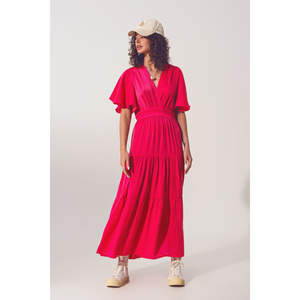 Vestido Maxi Boho con Cuello en V y Detalles Drapeados, Color Fucsia, Transpirable, Cintura Natural, Talla Única XS para Uso Diario y Fiestas, Logotipo Personalizable - Product Image 2