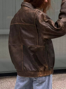 2025 chaqueta de cuero marrón de gran tamaño 90s mujer cuero genuino bombardero chaqueta de gran tamaño chaqueta de cuero de mujer PU - Product Image 4