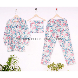 Conjunto de pijama floral bohemio con estampado de bloques de primavera térmica de algodón puro para mujer, ropa de dormir de verano, pijamas de regalo para damas de honor - Product Image 1