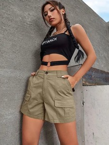 กางเกงขาสั้นคาร์โก้เอวสูงสำหรับผู้หญิง ระบายอากาศได้ดี สีพื้นเรียบง่าย ผ้าโพลีเอสเตอร์ไม่ยืด แห้งเร็ว ซักเครื่องได้ เหมาะสำหรับฤดูร้อนและฤดูใบไม้ร่วง - Product Image 3