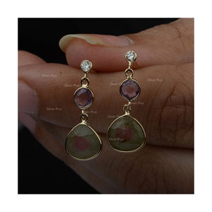 Pendientes de diamantes de oro de 14 quilates con sandía genuina, turmalina, amatista, diseño de piedras preciosas, cadena de gota, joyería producible en 10k/18k - Product Image 4