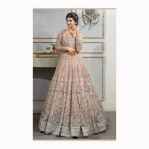 New Heavy Embroidery Work Long Party Wear Gown Pakistani Anarkali Lacha Dress Choli Dress India Low Price 2024 collection india