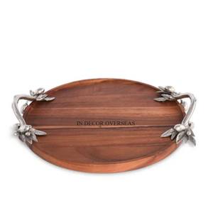 Plateau de service de forme ronde en bois d'acacia de la meilleure qualité avec des feuilles en métal poli brillant argenté - Product Image 1