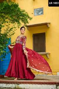 Indian and Pakistani Style Vichitra <b>Silk</b> Material Anarkali Gowns for Wedding and Festival Wear Heavy Work Salwar Kameez Suit - Product Image 4