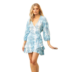 ใหม่ดอกไม้พิมพ์ลําลองสามในสี่แขนมินิความยาว Ruffles ห่อชุดพิมพ์สั้น - Product Image 1