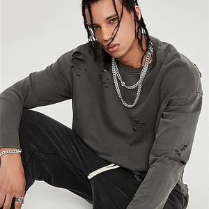 Sweat-shirt à capuche vintage pour homme, style streetwear, déchiré, en molleton 100% coton, brodé de perles, couleur unie, coupe oversize, logo personnalisé, été - Product Image 2