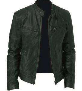 <b>Men's</b> Autumn Winter Stand Neck Slim Leather Jacket Coat Biker Style with Warm Zipper & <b>Cardigan</b> Pocket Down & Fabric Material - Product Image 3