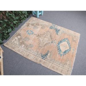 Vintage Small Moroccan Rug 3.3x3.9 ft Blue <b>Brown</b> Patchwork <b>Wool</b> with Latex Backing Eco-Friendly Home Rug - Product Image 1