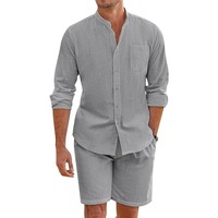 Set pakaian kasual harian pria, baju katun Linen bersirkulasi Vintage kerah berdiri, kemeja dan celana pendek untuk pria musim panas