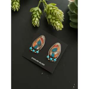 Boucles d'oreilles pendantes Navajo faites à la main en argent sterling avec pierres multiples et turquoise, avec grappe de pendentifs sur tige - Product Image 3