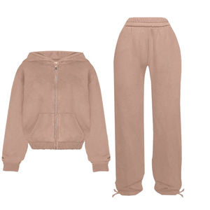 Haute qualité 100% coton 2 pièces femmes Sports d'hiver survêtement décontracté ensemble Logo personnalisé sweat à capuche zippé court longueur hauts solide - Product Image 5