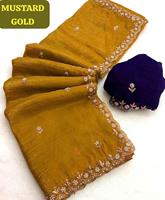 Dernière collection de saris en mousseline de soie pure brodée et diamantée avec des motifs à la main pour les fêtes de mariage Diwali en soie