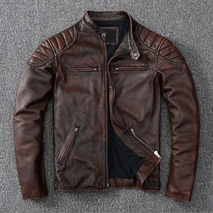 Veste en cuir véritable de vachette jaune et marron vintage pour hommes, manteau de moto pour hommes, vêtements de motard, veste de printemps et d'automne pour hommes - Product Image 4