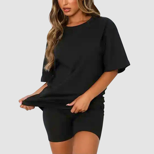 ฤดูร้อนสีทึบเสื้อยืดและกางเกงขาสั้นสุภาพสตรีที่กําหนดเอง Biker ชุดเสื้อผ้าผู้หญิงเสื้อยืดกีฬา 2 ชิ้นผู้หญิงกางเกงขาสั้นชุด - Product Image 5