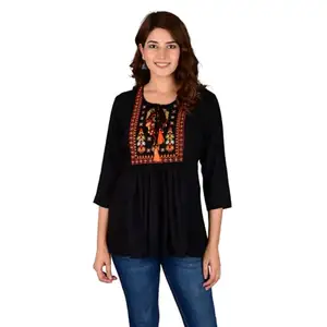 Indian Handmade Black Color Embroidery printed cotton fabric women casual wear top summer wear Women's Top