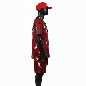 Conjunto de pantalones cortos de béisbol para hombre, de malla de poliéster de alta calidad, 160 GSM, ligero, rojo y negro, con paneles sublimados. - Product Image 3