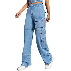 High Quality Street Wear <b>Women</b> <b>Baggy</b> Straight Casual <b>Jeans</b> Mid Rise Multi Pockets Faded Washed Denim Eco-Friendly Breathable - Product Image 5