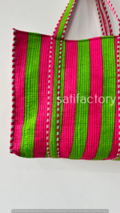 สำหรับกระเป๋าผ้าใบสะพายไหล่ขนาดใหญ่ลายทางสีชมพูสีเขียวสไตล์แฟชั่นที่เป็นมิตรกับสิ่งแวดล้อมสำหรับใช้ในชีวิตประจำวันสำหรับช้อปปิ้งชายหาดในฤดูร้อน - Product Image 4