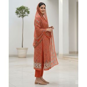 Ensemble de tenue festive pour femmes en coton et mousseline imprimé Paisley, 3 pièces, non cousues, longueur genoux, été - Orange - Product Image 3