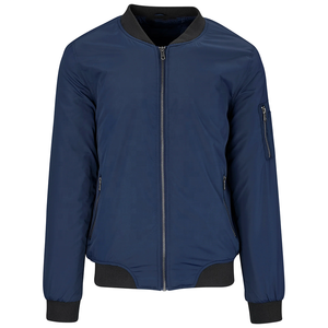 Chaqueta Bomber Azul Marino para Hombre, Corte Regular, Cierre de Cremallera, Color Sólido, Estilo Casual, Cuello Mao, Transpirable, Resistente al Viento, Lana - Product Image 1