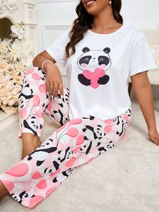 Quantité minimale de commande bas grande taille grande taille femmes col rond manches courtes haut et pantalon long ensemble de pyjama confortable - Product Image 4