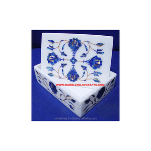 Gorgeous Premium Quality White Marble With Lapis Lazuli Seashell <b>Floral</b> Art Work Inlaid Jewelry <b>Boxes</b> For Home Decoration - Product Image 1