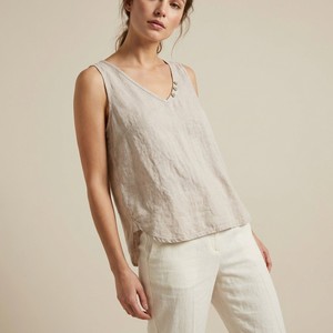 Canotta da Donna con Scollo a V e Bottoni, Doppio Tessuto (50% Lino 50% Cotone), Traspirante, Stile Bohémien, Tinta Unita - Product Image 1