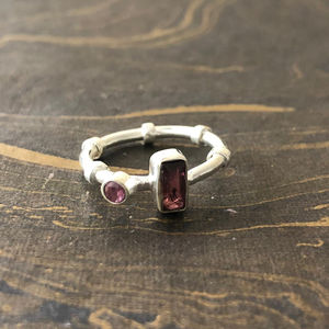 Dainty Platinum and Yellow Gold Gemstone <b>Ring</b> with <b>Garnet</b> (3.1 Grams) Invisible Bezel Setting Rhodium Plating Everyday Wear - Product Image 1