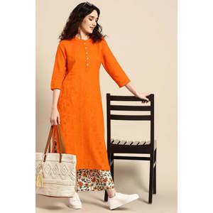 ชุดคุรตะผ้าฝ้ายทรงตรงสีส้มสำหรับผู้หญิง แขนสามส่วน สำหรับฤดูใบไม้ผลิ/ฤดูร้อน - Product Image 2