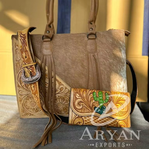 Nouveaux sacs fourre-tout en cuir de fourrure de vachette à imprimé floral usiné à la main véritable sac de soirée élégant occidental et embrayage outillé ensembles combinés uniques - Product Image 1