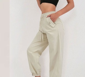 Women High Waist Beige Harem <b>Pants</b> Full Length Drawstring Closure Loose Fit Casual Solid Color Cotton Canvas <b>Pants</b> - Product Image 3