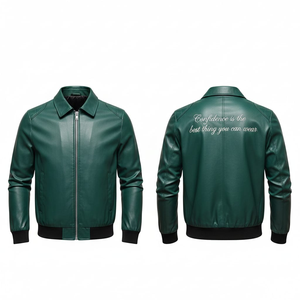 Chaqueta de Cuero Premium Color Verde Azulado Oscuro, Unisex, Piel de Vaca Genuina, Cuello Camisero, Chaqueta Bomber Informal, Bordado Personalizado en la Parte Delantera de Lona - Product Image 4