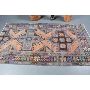 Auténtica alfombra turca Vintage 4,2X7,8 pies azul marrón Patchwork diseño hecho a mano lana látex respaldo ecológico pila mediana - Product Image 3