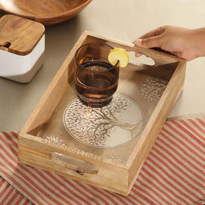 Vente chaude prix raisonnable mangue plateau de service en bois plateau forme ovale bois naturel fini métal attrayant poignée plateau - Product Image 6