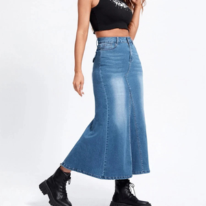 Jupe longue en jean cargo taille haute, nouvelle arrivée été-automne, fente devant, vintage, bleu, ourlet effiloché - Product Image 5