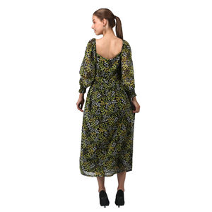 Robe longue trapèze à imprimé floral vert et noir avec manches régulières décolleté en V pour les occasions semi-formelles décontractées de fête - Product Image 4