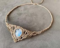 Collier Macramé Vintage Fait Main avec Pendentif Sertie de Labradorite et Pierre de Lune 25MM, Chaîne à Maillons Plaqué Argent, Style Bohème Unisexe pour Mariage