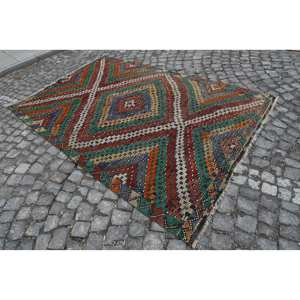 Tapis traditionnel en laine rouge vert 5.6x8.5 pieds Vintage turc grande surface Patchwork motif pour salon décor couloir Latex - Product Image 2