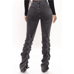 Pantalons en jean droits à taille mi-haute extensibles et à devant plat de couleur unie pour femmes et filles en gros - Product Image 2