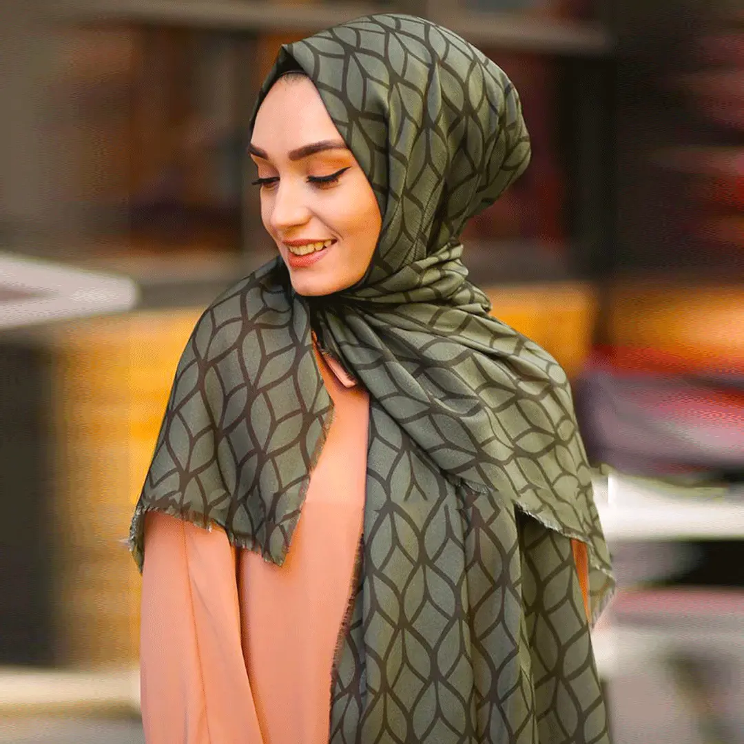 Foulard Hijab vert Olive en coton Pashmina doux, Design géométrique imprimé pour femmes, étoles