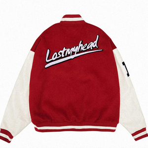 Customizable Logo Chenille Embroidery Patch High Quality Wool Leather Sleeve Cropped Mens Varsity <b>Jackets</b> Red and White - Product Image 2