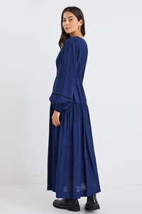 Robe longue marine à manches longues de Style bohème à manches longues 100% tissu rayonne robe de vacances femmes col en V décontracté dames robe pour les femmes - Product Image 2