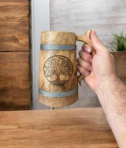 Eco-Friendly Polished Wooden Viking <b>Mug</b> with Hand Carved Engraving and Animal Design - Product Image 1
