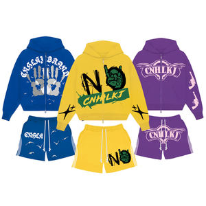 Custom Hoodie and Shorts <b>Set</b> New Arrival Cropeed Hoodies and Short <b>Set</b> Acid Wash Sweatsuit Unisex Tracksuit - Product Image 1