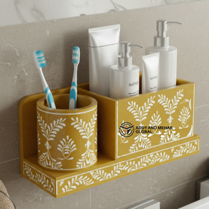Organizador de Baño de Pared Rectangular de Dos Piezas con Incrustaciones de Hueso Amarillo de Lujo, Diseño Floral, Estante de Almacenamiento, Fácil de Limpiar, Ecológico - Product Image 6
