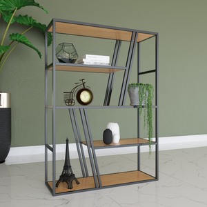 ชั้นวางของตกแต่งไม้ไผ่และไม้พร้อมโครงเหล็ก 100x34x140 ซม. สำหรับห้องนั่งเล่น - Product Image 1