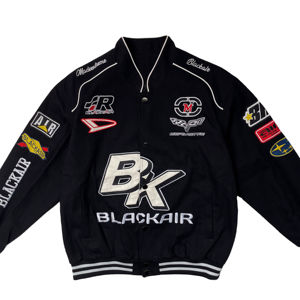 Blouson aviateur de baseball pour hommes avec logo personnalisé en coton, lettres patchwork noir et violet, broderie de sport à la mode, vente en gros - Product Image 6